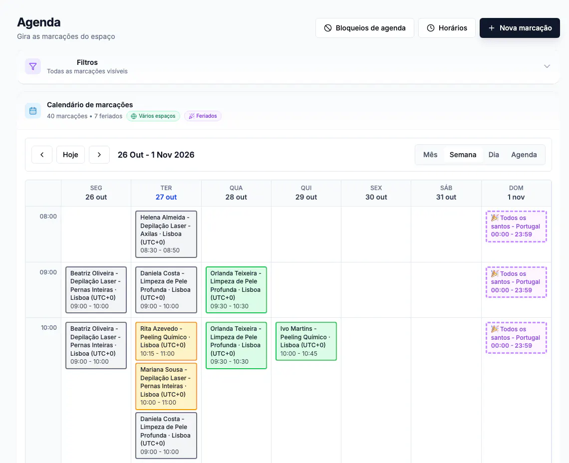 Agenda semanal real com marcações e profissionais fictícios