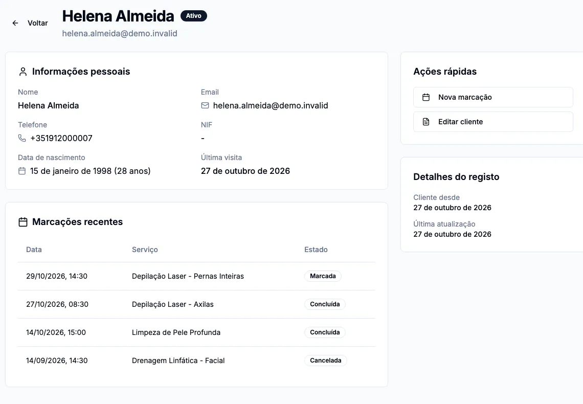 Real client record with fictional contact details and history