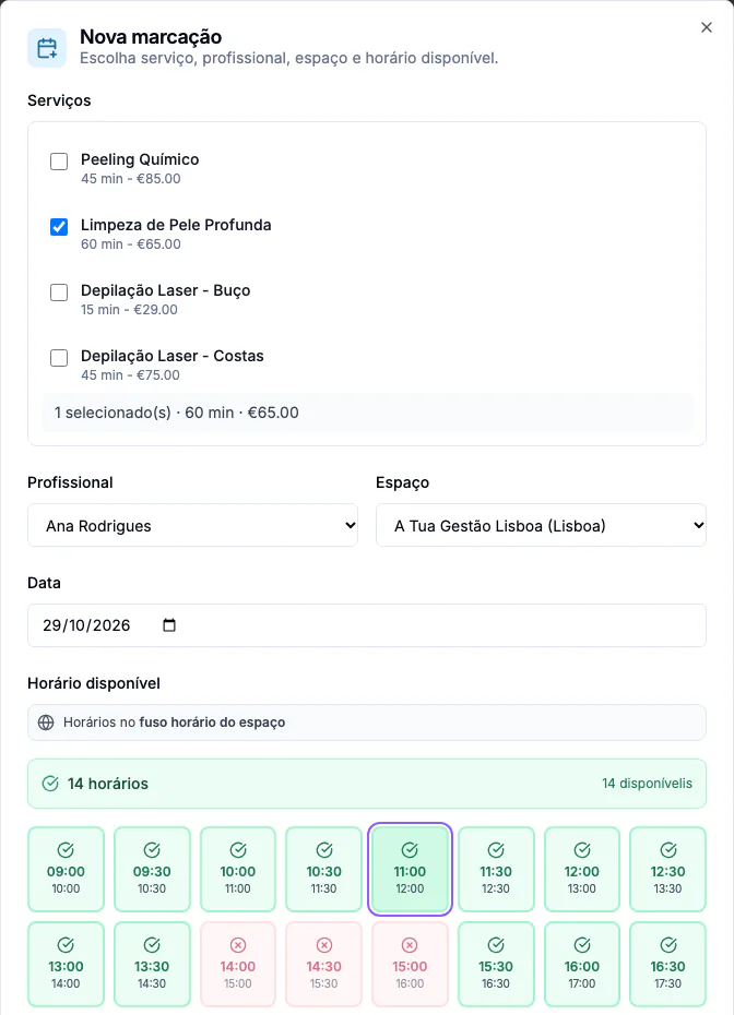 Real client-portal booking dialog with a fictional service, professional, location and times